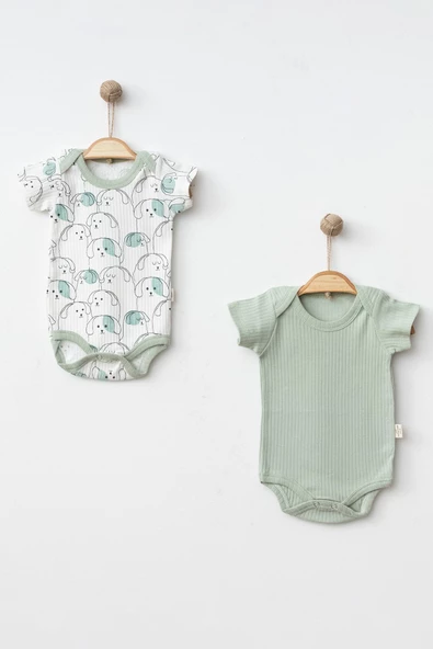 Erkek Bebek 2li Zıbın Seti %100 Pamuklu Yumuşak Dokulu Kısa Kollu Çıtçıtlı Bebek Badisi Açık Yeşil - 7
