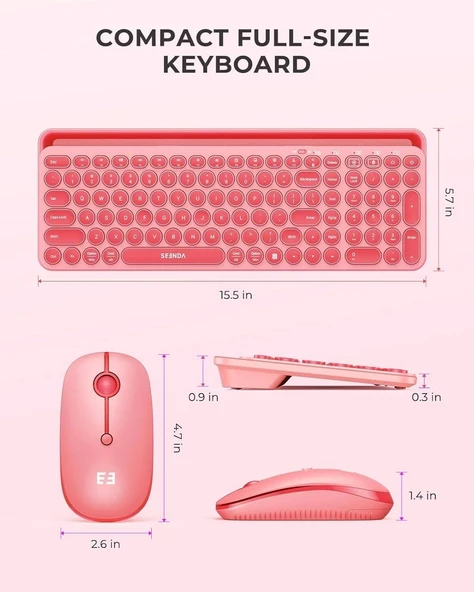 Seenda Yuvarlak Tuşlu Sevimli Kablosuz Klavye ve Mouse, Bluetooth 2.4G - Pembe - 4