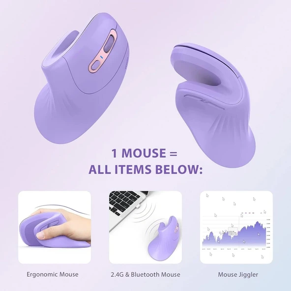 Seenda Ergonomik Kablosuz Dikey Mouse, Bluetooth 4.0+USB - Mor - 2