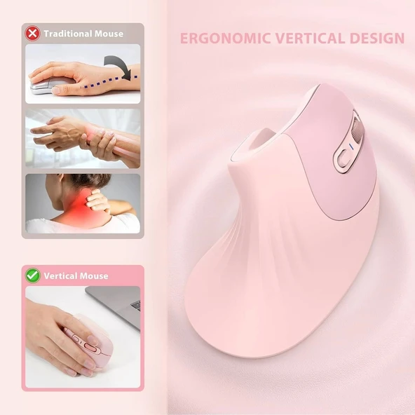 Seenda Ergonomik Kablosuz Dikey Mouse, Bluetooth 4.0+USB - Açık Pembe - 2