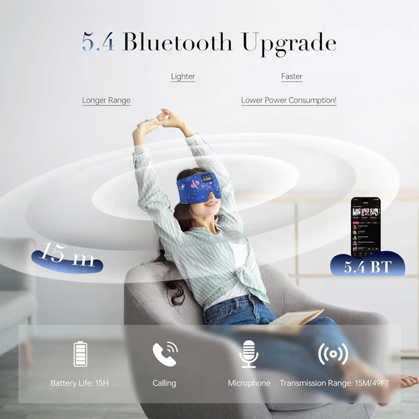 LC-dolida Yan Uyuyanlar İçin İpek Uyku Maskesi Kulaklık - Bluetooth 5.4 - Mavi - 3