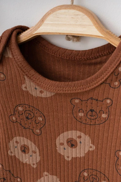 Kısa Kollu Unisex Kahverengi 4 Adet Sevimli Ayıcık Baskılı Badi %100 Pamuklu Bebek Çıtçıtlı Zıbın - 4