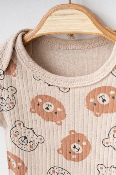 Kısa Kollu Unisex Kahverengi 4 Adet Sevimli Ayıcık Baskılı Badi %100 Pamuklu Bebek Çıtçıtlı Zıbın - 3