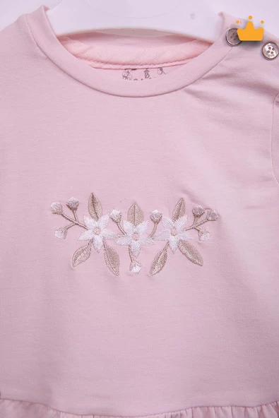 Çiçek Nakışlı Bayramlık Kız Bebek 2'li Takım Pembe 13551 - 5