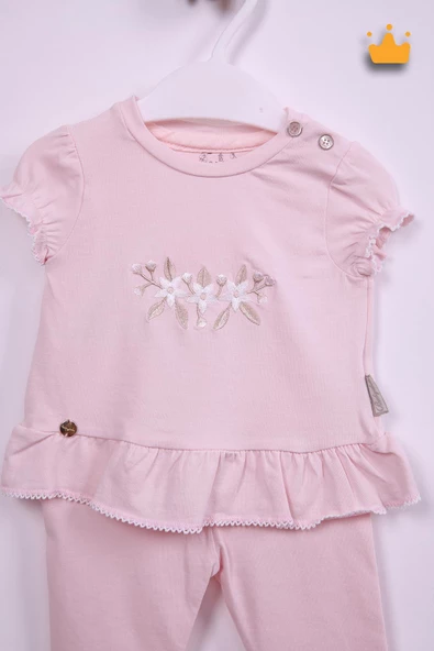 Çiçek Nakışlı Bayramlık Kız Bebek 2'li Takım Pembe 13551 - 2