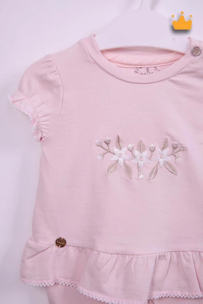 Çiçek Nakışlı Bayramlık Kız Bebek 2'li Takım Pembe 13551 - 3