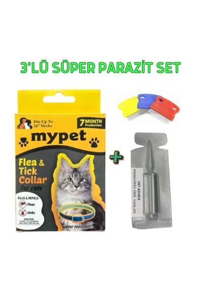 Kedi Parazit Tüy Bakım Bitkisel 3'lü Set %100 Etki ( Tasma,damla,tarak)