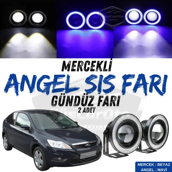 Ford Focus 2.5 2009-2011 Uyumlu Üniversal Mercekli Angel Sis Farı Metal Su Geçirmez 76 mm Mavi Halkalı Gündüz Farı Angel Eyes 2 Adet - 1