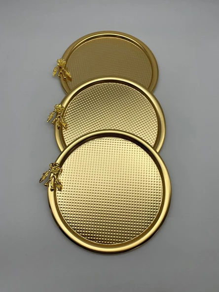 3'lü Japon Güllü Yuvarlak Gold Çay ve Kahve Sunum Tepsisi, Dekoratif Servis Tepsisi 22cm - 2