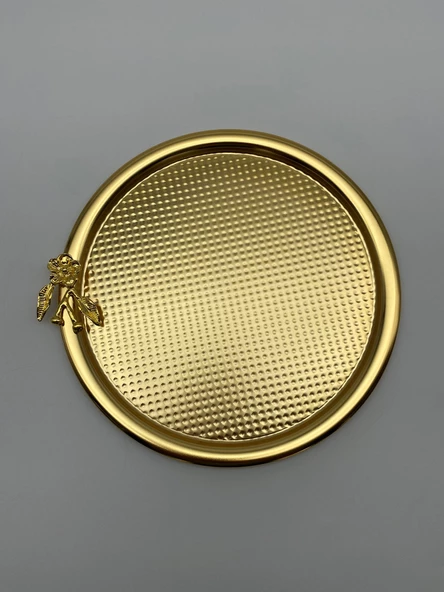 3'lü Japon Güllü Yuvarlak Gold Çay ve Kahve Sunum Tepsisi, Dekoratif Servis Tepsisi 22cm - 5