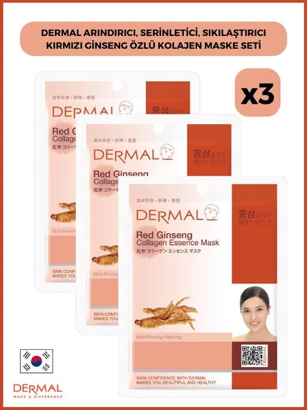 Dermal Arındırıcı, Serinletici, Sıkılaştırıcı Kırmızı Ginseng Özlü Kolajen Maske 23gr 3 Adet