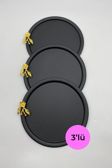 3'lü Japon Güllü Yuvarlak Siyah Çay ve Kahve Sunum Tepsisi, Dekoratif Servis Tepsisi 22cm