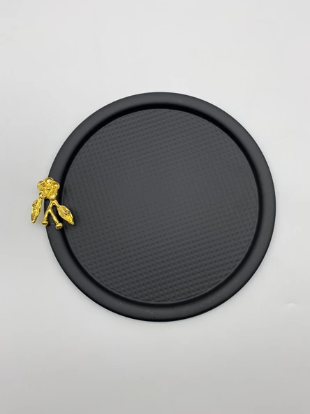 3'lü Japon Güllü Yuvarlak Siyah Çay ve Kahve Sunum Tepsisi, Dekoratif Servis Tepsisi 22cm - 3