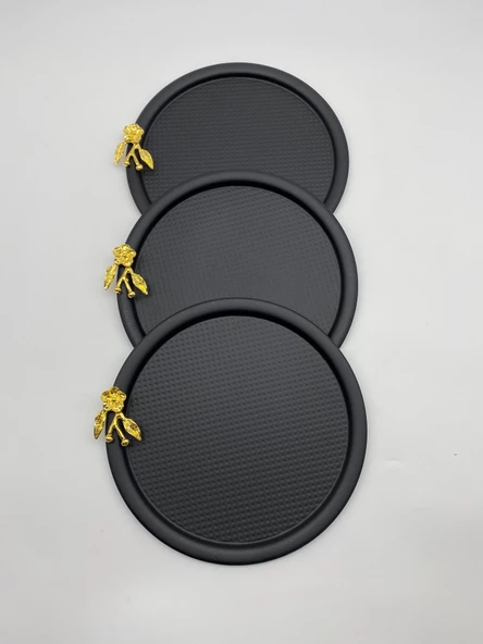 3'lü Japon Güllü Yuvarlak Siyah Çay ve Kahve Sunum Tepsisi, Dekoratif Servis Tepsisi 22cm - 2