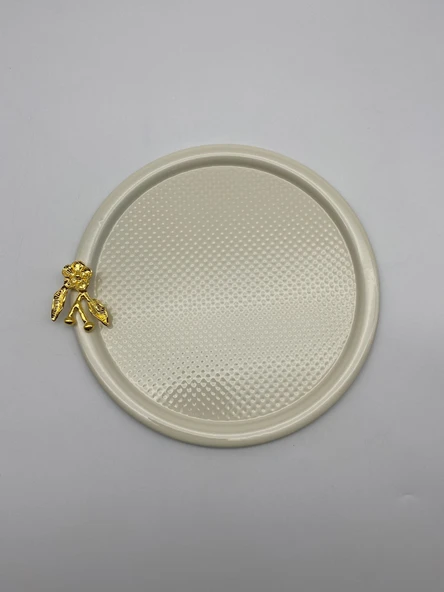 3'lü Japon Güllü Yuvarlak Krem Çay ve Kahve Sunum Tepsisi, Dekoratif Servis Tepsisi 22cm - 3