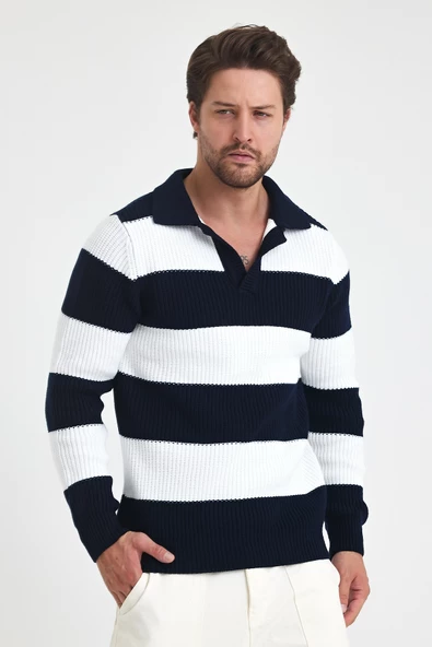 Erkek Renk Bloklu Regular Polo Yaka Triko Kazak - 2