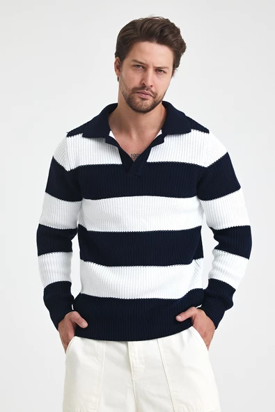 Erkek Renk Bloklu Regular Polo Yaka Triko Kazak - 3