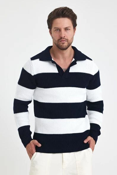 Erkek Renk Bloklu Regular Polo Yaka Triko Kazak