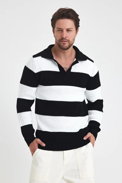 Erkek Renk Bloklu Regular Polo Yaka Triko Kazak - 7