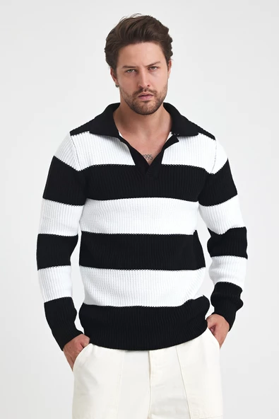 Erkek Renk Bloklu Regular Polo Yaka Triko Kazak - 8