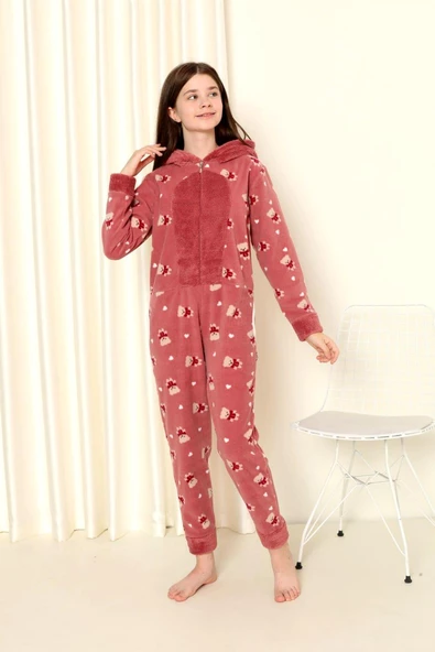 Nisanca Desenli Kışlık Kız Çocuk Polar Tulum Pijama Takımı - 5