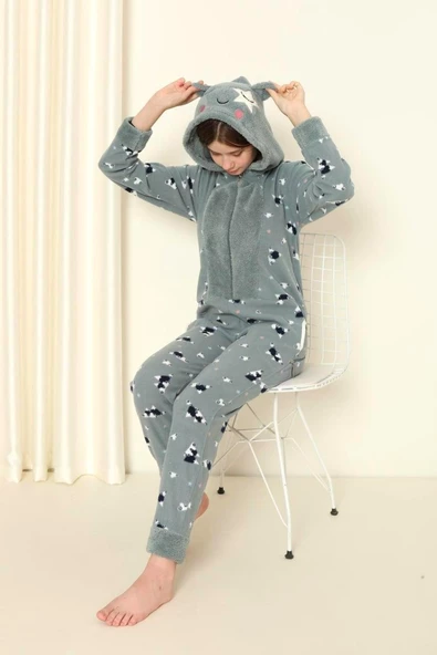 Nisanca Desenli Kışlık Kız Çocuk Polar Tulum Pijama Takımı - 7