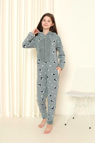 Nisanca Desenli Kışlık Kız Çocuk Polar Tulum Pijama Takımı - 9