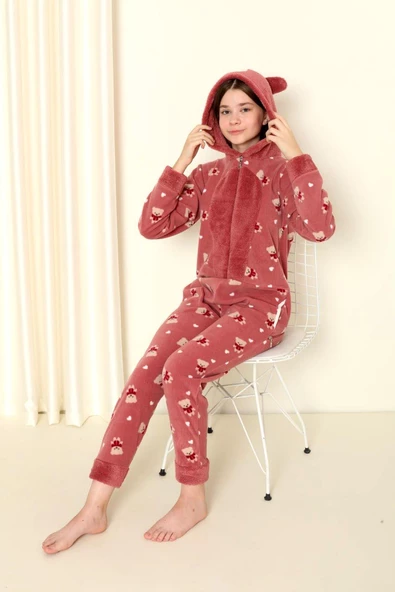 Nisanca Desenli Kışlık Kız Çocuk Polar Tulum Pijama Takımı