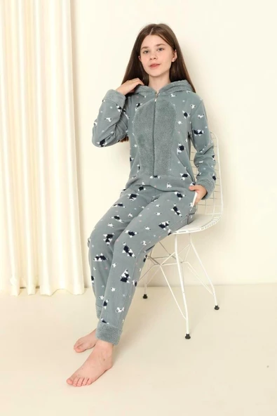Nisanca Desenli Kışlık Kız Çocuk Polar Tulum Pijama Takımı - 8