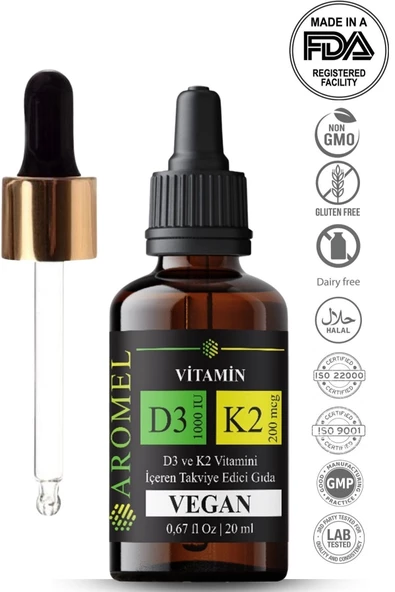 AROMEL,D3 K2 Vitamini | Damlalıklı Kapak | D3 1000 Iu 200 Mcg K2 Mix ,fda