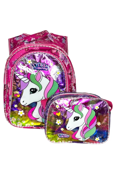 Me-vo Kız Çocuk Pembe Renkli Çok Gözlü Geniş Hacimli Unicorn Desenli Terletmeyen Ortopedik Sırt Destekli İlkokul Çanta Seti - 2