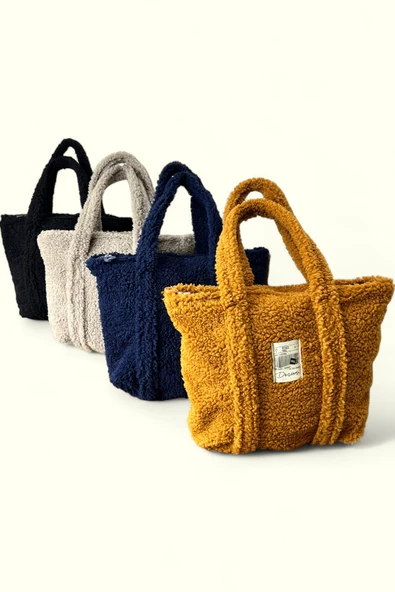 Me-vo Kadın Lacivert Renkli Suni Kürk Detaylı Fermuarlı El ve Omuz Çantası - Resim 2