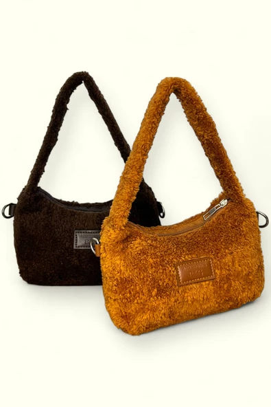 Me-vo Kadın Peluş Tüylü Deri Zincir Örgü Omuz Askılı Mini Baget El ve Omuz Çantası - Resim 3