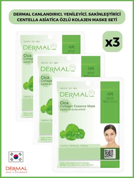 Dermal Canlandırıcı, Yenileyici, Sakinleştirici Centella Asiatica Özlü Kolajen Maske 23 Gr 3 Adet
