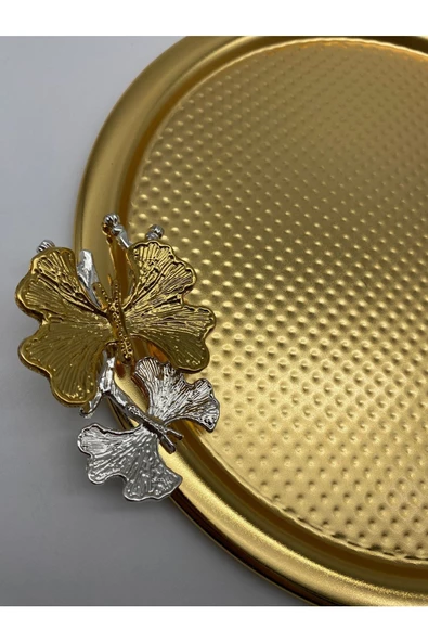 3'lü Kelebekli Yuvarlak Gold Çay ve Kahve Sunum Tepsisi, Dekoratif Servis Tepsisi 22cm Tek Kişilik - 6