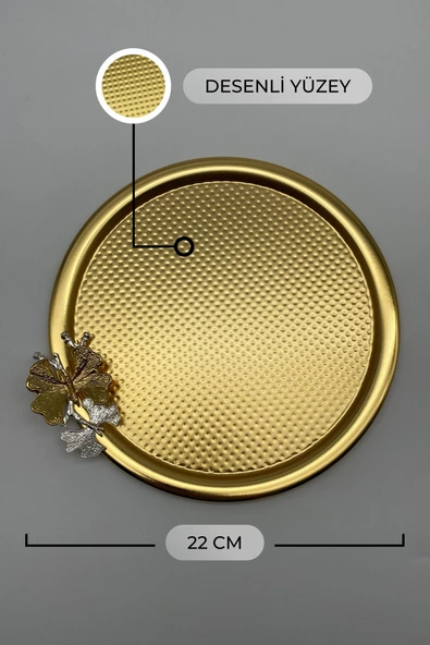 3'lü Kelebekli Yuvarlak Gold Çay ve Kahve Sunum Tepsisi, Dekoratif Servis Tepsisi 22cm Tek Kişilik - 4