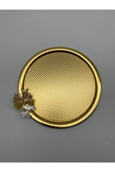 3'lü Kelebekli Yuvarlak Gold Çay ve Kahve Sunum Tepsisi, Dekoratif Servis Tepsisi 22cm Tek Kişilik - 3
