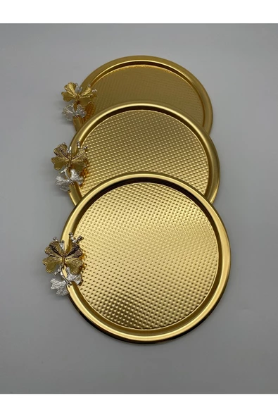3'lü Kelebekli Yuvarlak Gold Çay ve Kahve Sunum Tepsisi, Dekoratif Servis Tepsisi 22cm Tek Kişilik - 2