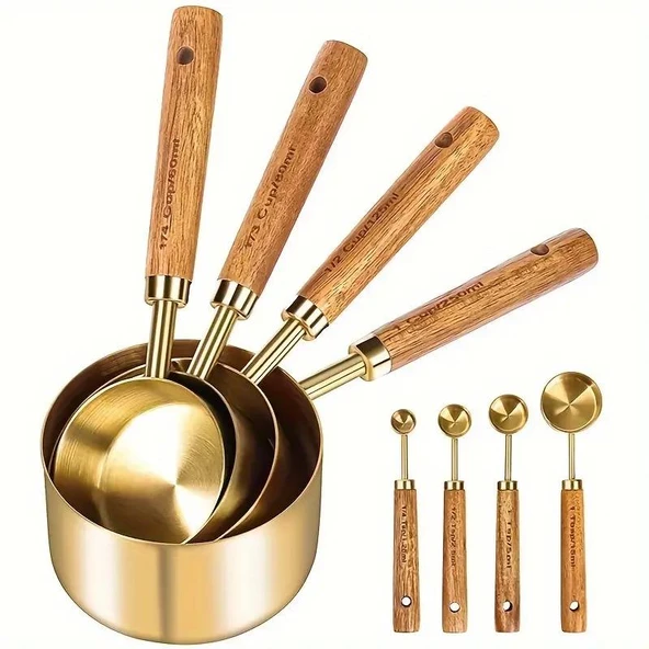 Valkyrie 8 Adet Paslanmaz Çelik Ahşap Saplı Ölçü Kaşığı Seti Ölçü Kabı 1.25ml 2.5ml 5ml 15ml 60ml 80ml 125ml 250ml - 9