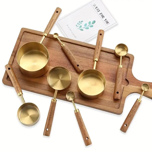 Valkyrie 8 Adet Paslanmaz Çelik Ahşap Saplı Ölçü Kaşığı Seti Ölçü Kabı 1.25ml 2.5ml 5ml 15ml 60ml 80ml 125ml 250ml - 4