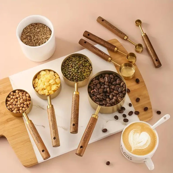 Valkyrie 8 Adet Paslanmaz Çelik Ahşap Saplı Ölçü Kaşığı Seti Ölçü Kabı 1.25ml 2.5ml 5ml 15ml 60ml 80ml 125ml 250ml - 5