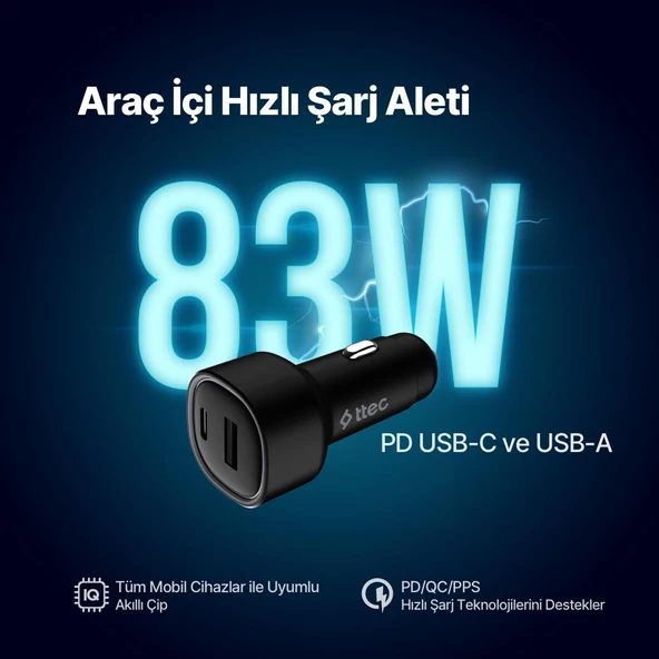 Ttec Şarj Akım Korumalı 83W USB-C+USB Girişli Araç Çakmaklık Şarjı Tüm Araçlarla Uyumlu Araç Şarj Başlık - 2