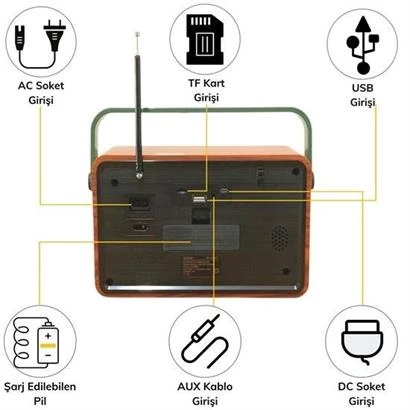 BUFFER® 503B Dekoratif Eskitme Nostalji Uzaktan Kumandalı Radyo Usb/Aux/Hafıza Kartı/Bluetooth/Şarjl - 11
