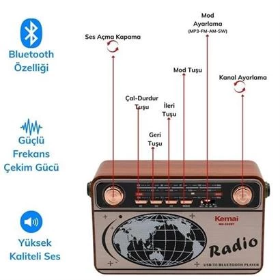 BUFFER® 503B Dekoratif Eskitme Nostalji Uzaktan Kumandalı Radyo Usb/Aux/Hafıza Kartı/Bluetooth/Şarjl - 6