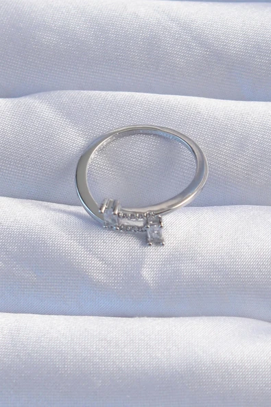 Pirinç Gümüş Renk Zirkon Taşlı Geometrik Ayarlanabilir Yüzük - TJ-BYK3240 - 2