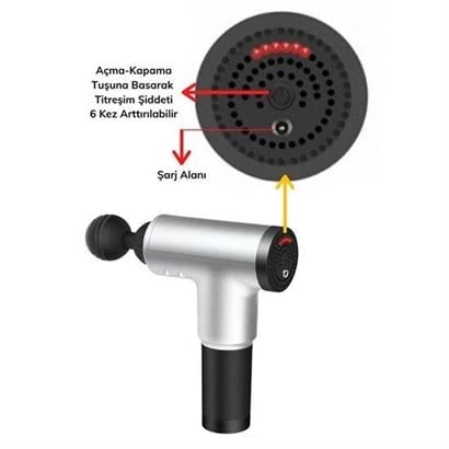 BUFFER® 4 Başlıklı 6 Seviye Hız Ayarlı Vurmalı Kas Yoğurmalı Titreşimli Masaj Tabancası Aleti - 11