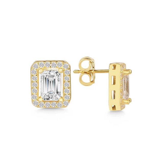 Gümüş Gold Beyaz Baget Taşlı Çivili Kadın Küpe ürün görseli 1