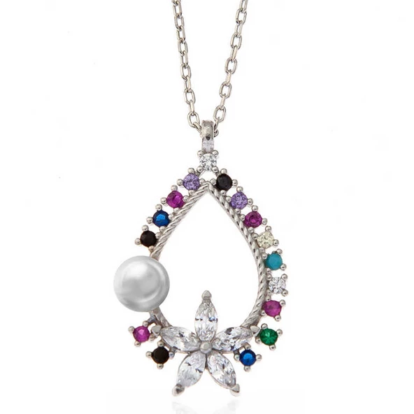 Gümüş Renkli Taşlı Çiçekli Kadın Kolye - Resim 5