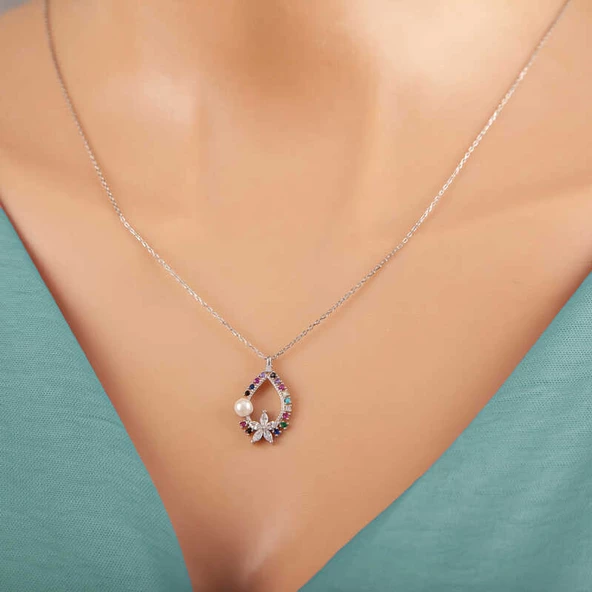 Gümüş Renkli Taşlı Çiçekli Kadın Kolye - Resim 4