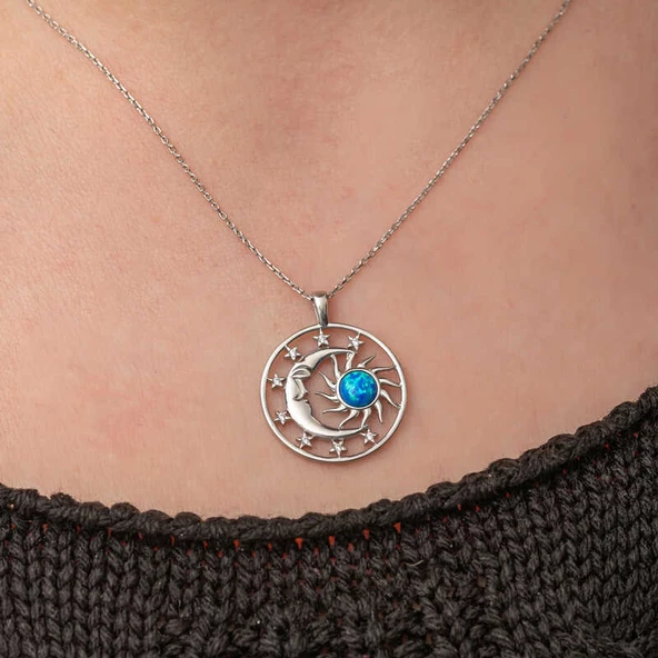Gümüş Opal Mavi Taşlı Ay Güneş Kadın Kolye - Resim 5